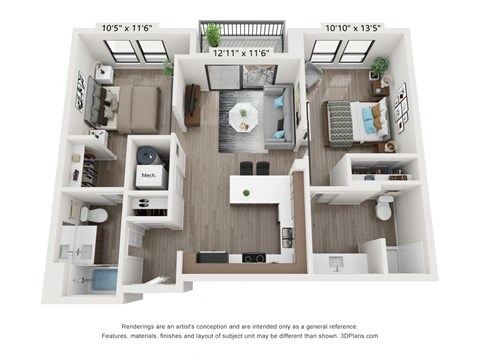 Floor plan for 2 beds, 2 baths, 838 sqft
